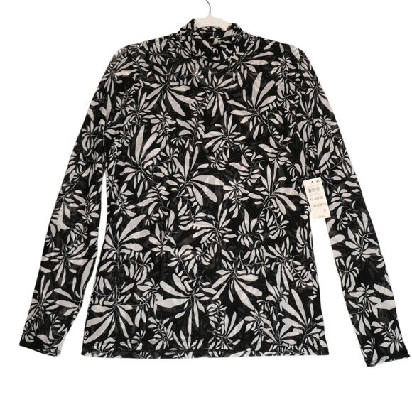 NEW INC Turtleneck Sweater Womens XL Black White Floral Sheer Mesh Stretch Boho - Picture 1 of 12